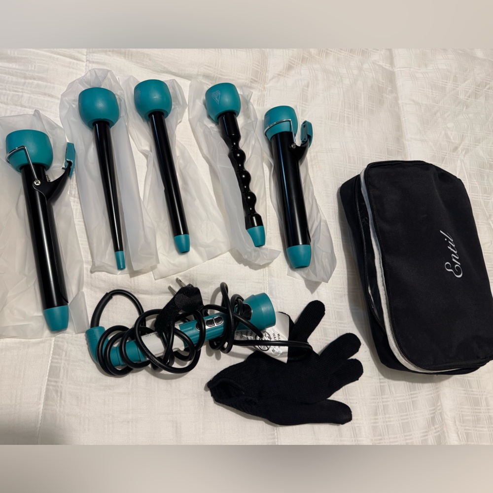 Blue and Black Curling Wand Set with different attachments